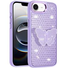 For iPhone 16e Case Butterfly Grip Stand w/ Faux Mini Crystals + Tempered Glass