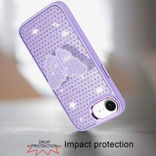 For iPhone 16e Case Butterfly Grip Stand w/ Faux Mini Crystals + Tempered Glass