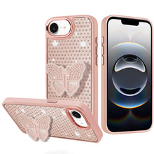 For iPhone 16e Case Butterfly Grip Stand w/ Faux Mini Crystals + Tempered Glass