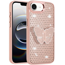 For iPhone 16e Case Butterfly Grip Stand w/ Faux Mini Crystals + Tempered Glass