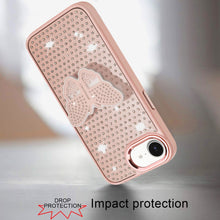 For iPhone 16e Case Butterfly Grip Stand w/ Faux Mini Crystals + Tempered Glass