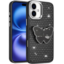 For iPhone 17 Case Butterfly Grip Stand with Faux Crystals + Tempered Glass
