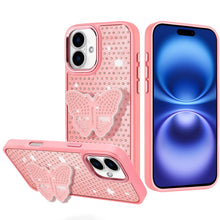 For iPhone 17 Case Butterfly Grip Stand with Faux Crystals + Tempered Glass
