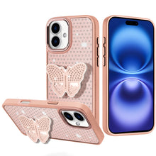 For iPhone 17 Case Butterfly Grip Stand with Faux Crystals + Tempered Glass