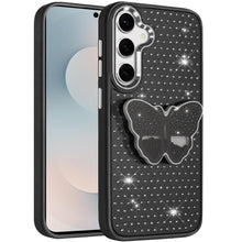 For Samsung S25 FE Case Butterfly Grip Stand Faux Crystals + Tempered Glass