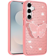 For Samsung S25 FE Case Butterfly Grip Stand Faux Crystals + Tempered Glass
