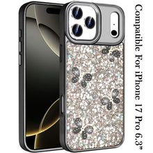 For iPhone 17 PRO Case Full Glitter Flakes w/ Cute Butterflies + Tempered Glass