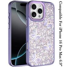 For iPhone 16 PRO MAX Case Glitter Flakes with Cute Butterflies + Tempered Glass