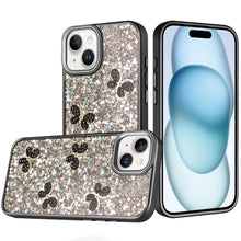 For iPhone 15 Case Full Glitter Flakes with Cute Butterflies + 2 Tempered Glass