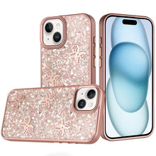 For iPhone 15 Case Full Glitter Flakes with Cute Butterflies + 2 Tempered Glass