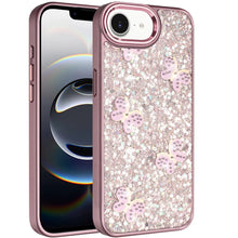 For iPhone 16e Case Full Glitter Flakes with Cute Butterflies + Tempered Glass