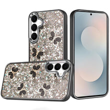 For Samsung S25 FE Case Full Glitter Flakes w/ Cute Butterflies + Tempered Glass