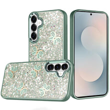 For Samsung S26 6.3" Case Full Glitter Flakes Cute Butterflies + Tempered Glass