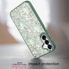 For Samsung S26 6.3" Case Full Glitter Flakes Cute Butterflies + Tempered Glass