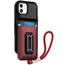 For iPhone 11 6.1 in. Case Card Holder with Kickstand and Strap + Tempered Glass