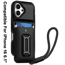 For iPhone 16 6.1inch Case Card Holder with Kickstand and Strap + Tempered Glass