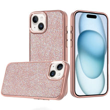 For iPhone 15 Case Full Shimmer Crystal Bling Metallic Buttons +2 Tempered Glass