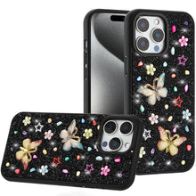 For iPhone 15 Pro Max Case Butterfly 3D Jewel Glitter Cover + 2 Tempered Glass