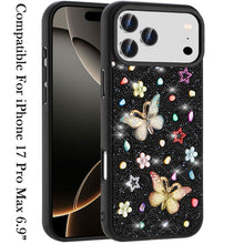 For iPhone 17 Pro Max Case Butterfly 3D Jewel Glitter Bling + Tempered Glass