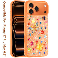 For iPhone 17 Pro Max Case Butterfly 3D Jewel Glitter Bling + Tempered Glass