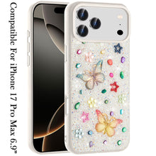 For iPhone 17 Pro Max Case Butterfly 3D Jewel Glitter Bling + Tempered Glass