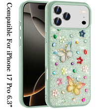 For iPhone 17 PRO Case Butterfly 3D Jewel Glitter Bling Cover + Tempered Glass