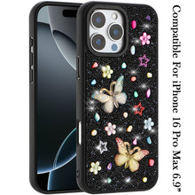 For iPhone 16 PRO MAX Case Butterfly 3D Jewel Glitter Bling + Tempered Glass