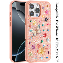 For iPhone 16 PRO MAX Case Butterfly 3D Jewel Glitter Bling + Tempered Glass