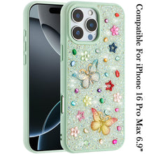For iPhone 16 PRO MAX Case Butterfly 3D Jewel Glitter Bling + Tempered Glass