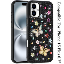 For iPhone 16 Plus 6.7in Case Butterfly 3D Jewel Glitter Bling + Tempered Glass