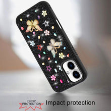 For iPhone 16 Plus 6.7in Case Butterfly 3D Jewel Glitter Bling + Tempered Glass