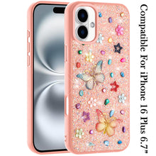 For iPhone 16 Plus 6.7in Case Butterfly 3D Jewel Glitter Bling + Tempered Glass