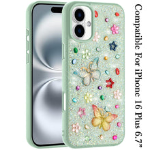 For iPhone 16 Plus 6.7in Case Butterfly 3D Jewel Glitter Bling + Tempered Glass