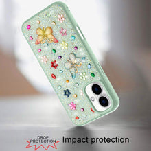 For iPhone 16 Plus 6.7in Case Butterfly 3D Jewel Glitter Bling + Tempered Glass