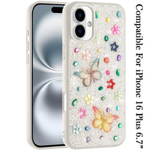 For iPhone 16 Plus 6.7in Case Butterfly 3D Jewel Glitter Bling + Tempered Glass