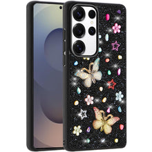 For Samsung S25 Ultra Case Butterfly 3D Jewel Glitter Bling + Tempered Glass