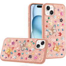 For iPhone 15 Case Butterfly 3D Jewel Glitter Bling Cover + 2 Tempered Glass
