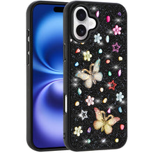 For iPhone 17 Case Butterfly 3D Jewel Glitter Bling Phone Cover + Tempered Glass
