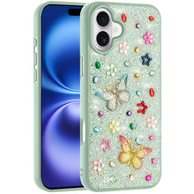 For iPhone 17 Case Butterfly 3D Jewel Glitter Bling Phone Cover + Tempered Glass