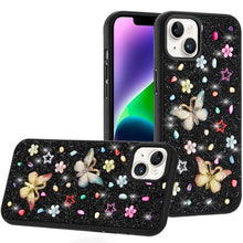 For iPhone 13/14 Case Butterfly 3D Jewel Glitter Bling Cover + Tempered Glass