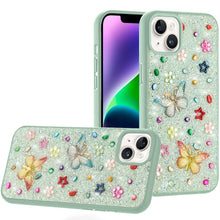 For iPhone 13/14 Case Butterfly 3D Jewel Glitter Bling Cover + Tempered Glass