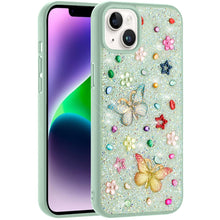 For iPhone 13/14 Case Butterfly 3D Jewel Glitter Bling Cover + Tempered Glass