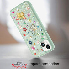For iPhone 13/14 Case Butterfly 3D Jewel Glitter Bling Cover + Tempered Glass