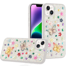 For iPhone 13/14 Case Butterfly 3D Jewel Glitter Bling Cover + Tempered Glass