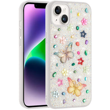 For iPhone 13/14 Case Butterfly 3D Jewel Glitter Bling Cover + Tempered Glass