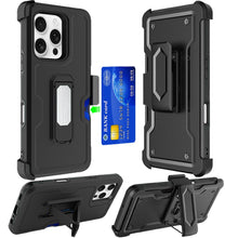 For iPhone 16 Pro 6.3in Case Card Holder Holster Clip and Stand + Tempered Glass