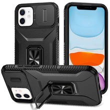 For iPhone 11 6.1 in. Case Full Coverage Metal Stand Lens Cover + Tempered Glass