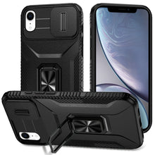 For iPhone XR Case Full Coverage Metal Stand Sliding Lens Cover + Tempered Glass