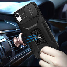 For iPhone XR Case Full Coverage Metal Stand Sliding Lens Cover + Tempered Glass