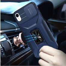 For iPhone XR Case Full Coverage Metal Stand Sliding Lens Cover + Tempered Glass